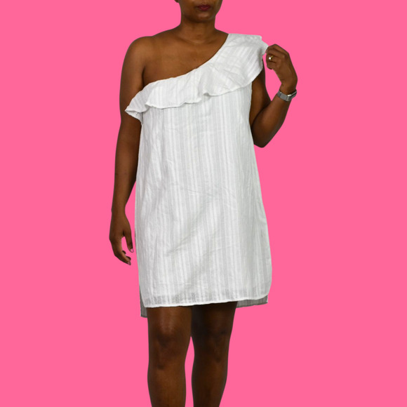 Cloth Stone One Shoulder Dress White Mini Shift Ruffle Textured Cotton Medium - Picture 12 of 14